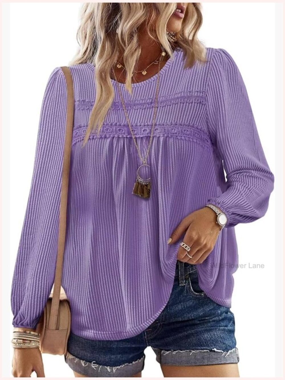 Crewneck Long Sleeve Striped Ribbed Blouse Flowy Hem Boho Tunic Pullover Dressy